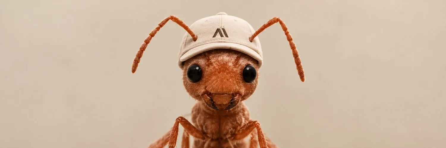 Wide portrait of the cap-wearing ant mascot