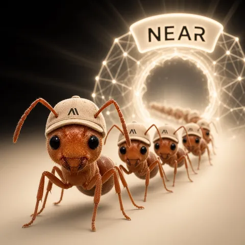 A line of cap-wearing ants marching toward a glowing NEAR portal