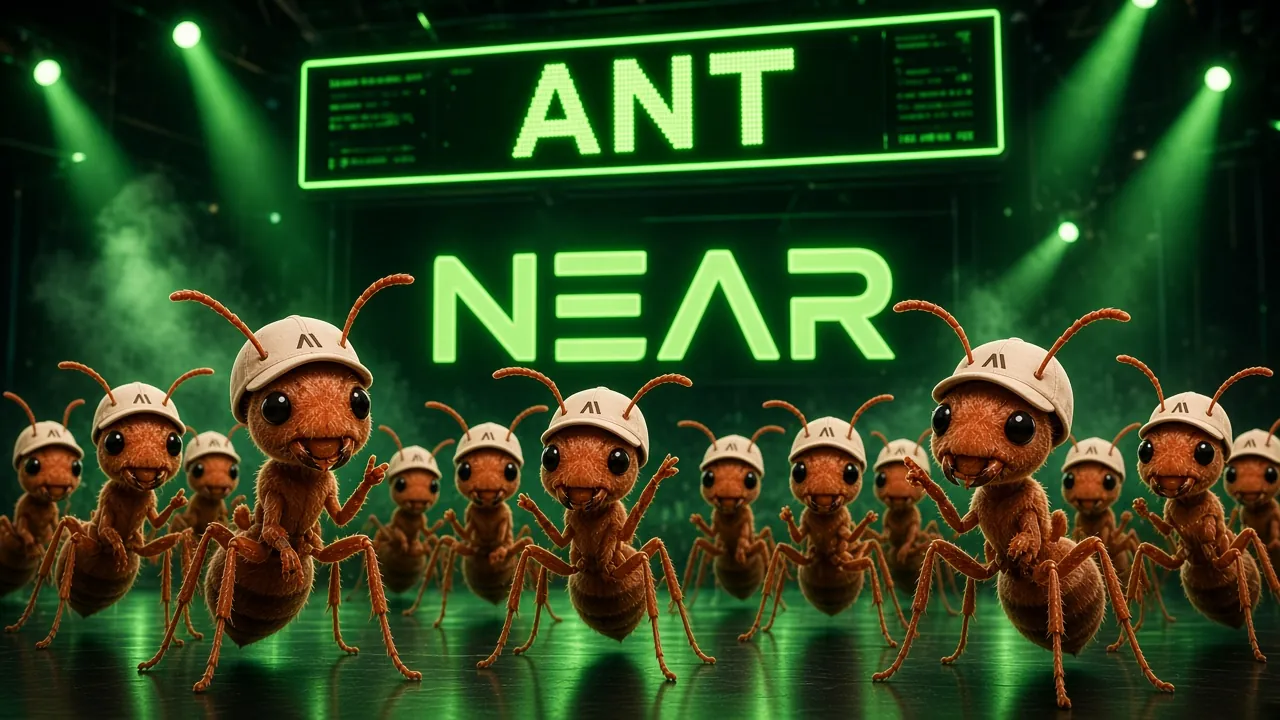 A colony of cap-wearing ants under neon green ANT and NEAR signs