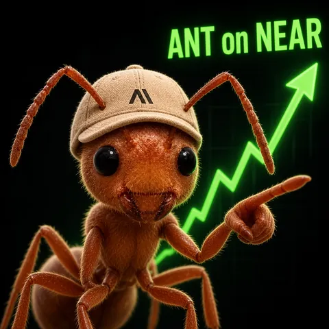 The ant pointing at a green ANT on NEAR arrow going up